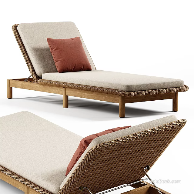 Modern Wicker Chaise Lounge With Wooden Frame Beige Cushion And Red Pillow 3d model 