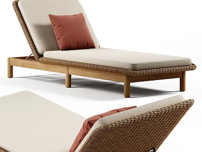 Modern Wicker Chaise Lounge With Wooden Frame Beige Cushion And Red Pillow 3d model