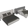 Modern Double Bed with Upholstered Headboard Gray White Bedding and Side Nightstand 3d model