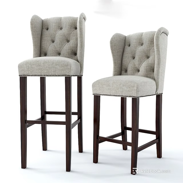 Modern Beige Fabric Bar Stools With Tufted High Back And Dark Wooden Legs 3d model 