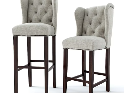 Modern Beige Fabric Bar Stools With Tufted High Back And Dark Wooden Legs 3d model