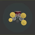 Colorful Musical Drum Set With Red Shells Yellow Cymbals And Metal Stands On Blue Platform