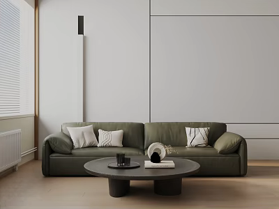 Dark Green Three Seater Sofa With White Throw Pillows And Round Coffee Table Light Gray Walls 3d model