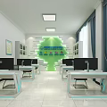 Bright Public Office Space With Desks Computers Chairs And Green Decorative Elements 3d model