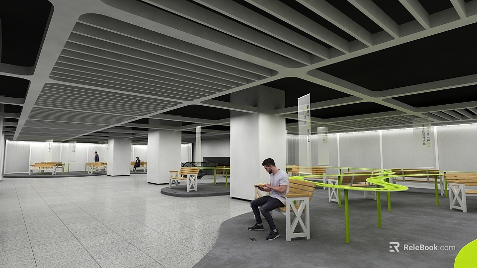 Public Lounge Area With Wooden Benches Green Tables And Ceiling Design Elements 3d model 