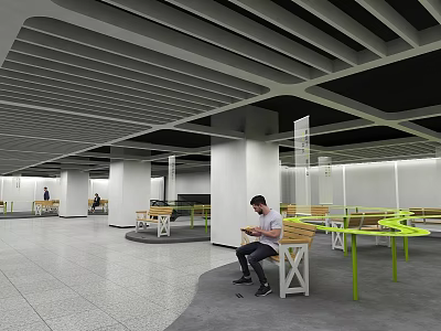 Public Lounge Area With Wooden Benches Green Tables And Ceiling Design Elements 3d model