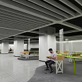 Public Lounge Area With Wooden Benches Green Tables And Ceiling Design Elements