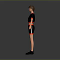 Child Wearing Black Short Sleeve Top And Black Shorts With Red Trim And Black Shoes 3d model