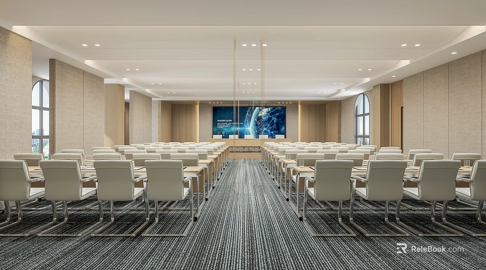 Spacious Conference Room With Neatly Arranged White Chairs Long Tables And Large World Map Screen 3d model 