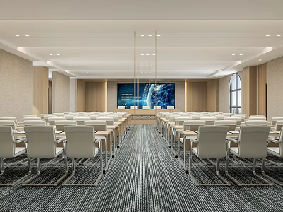 Spacious Conference Room With Neatly Arranged White Chairs Long Tables And Large World Map Screen 3d model