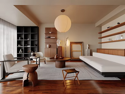 Modern Living Room Interior Design With White Sofa Wooden Floor Rug And Lantern Pendant Lamp 3d model