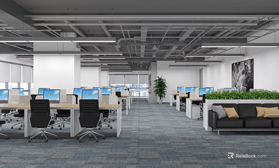 Modern Public Office Space With Workstations Computers Office Chairs Spacious Interior Green Plants And Carpet 3d model 