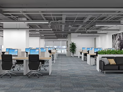Modern Public Office Space With Workstations Computers Office Chairs Spacious Interior Green Plants And Carpet 3d model