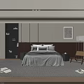 Stylish Double Bed With Dark Wooden Headboard Plush Pillows And Grey Throw Blanket