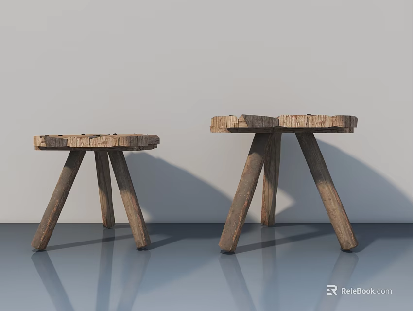 Natural Wooden Stools With Textured Surface And Three Legs On Smooth Floor 3d model 