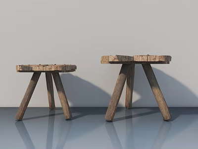 Natural Wooden Stools With Textured Surface And Three Legs On Smooth Floor 3d model