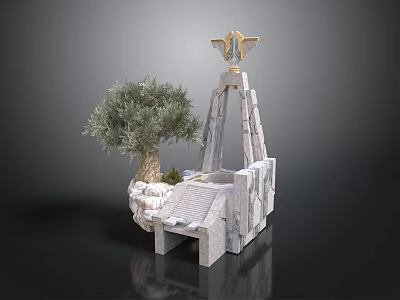 White Stone Monument with Gold Star Top Olive Tree and Inscribed Base 3d model