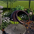 Tranquil Garden Landscape With Stone Lantern Circular Arch Clay Pots And Greenery 3d model
