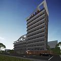 Modern Multi Storey Hospital Building Exterior With Glass Curtain Walls Red Signage And Trees