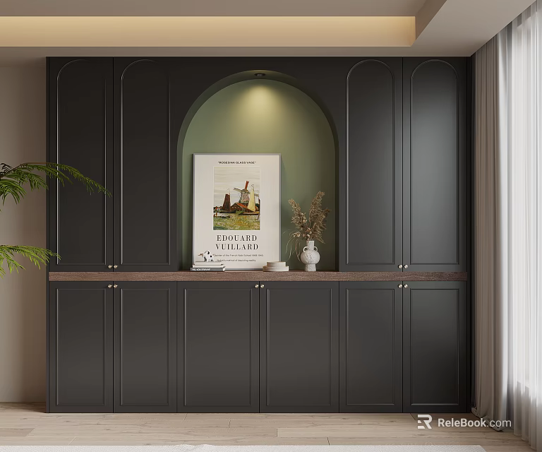 Modern Dark Bookcase With Arched Design And Decorative Items Like Books Vase And Plants 3d model 