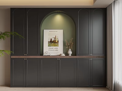 Modern Dark Bookcase With Arched Design And Decorative Items Like Books Vase And Plants 3d model