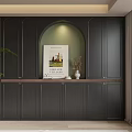 Modern Dark Bookcase With Arched Design And Decorative Items Like Books Vase And Plants