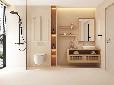 Modern Bathroom Interior With Shower Toilet Mirror Cabinet And Shelves 3d model