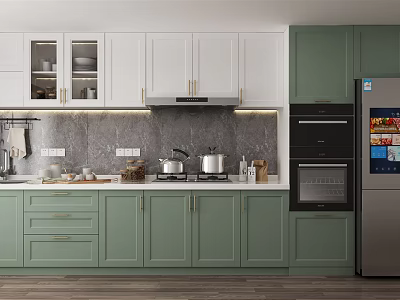 Green And White Cabinets In Modern Kitchen With Countertop Stove And Appliances 3d model