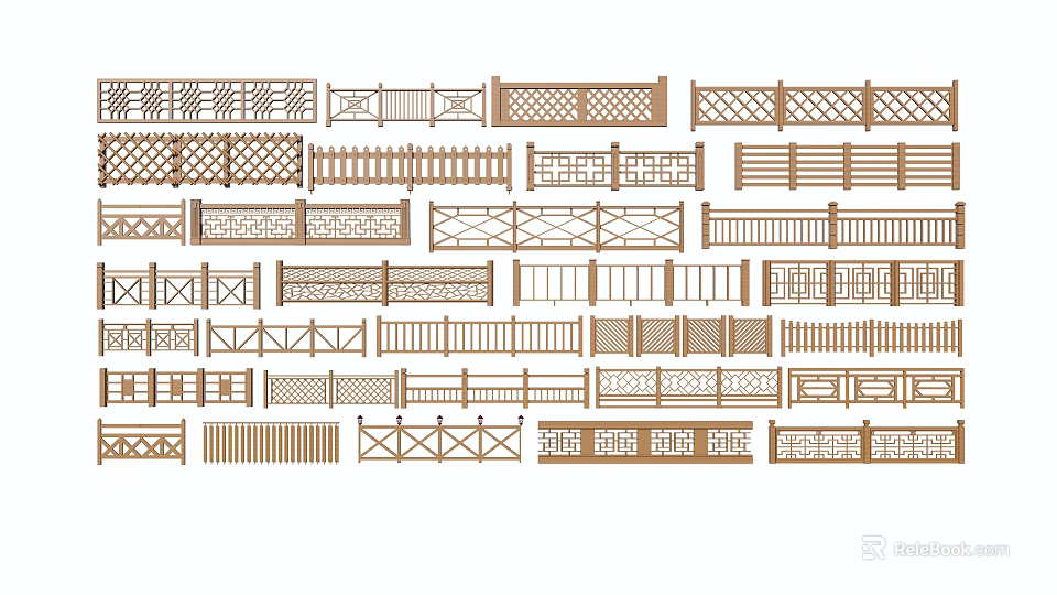 Various Wooden Fence Designs With Different Patterns Including Lattice And Striped Styles 3d model 