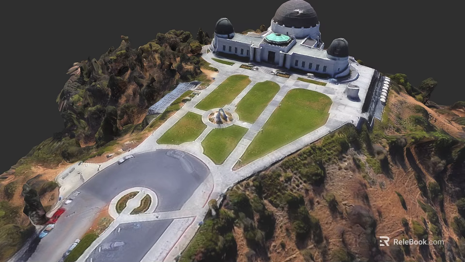Aerial View of Landscaped Garden With Observatory Building Lawn and Pathways 3d model 