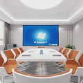 Modern Conference Room Interior With Long White Table Orange White Chairs And Large Screen