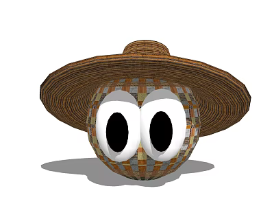 Wide Brim Straw Hat On Round Head With Big Eyes And Square Patterns 3d model