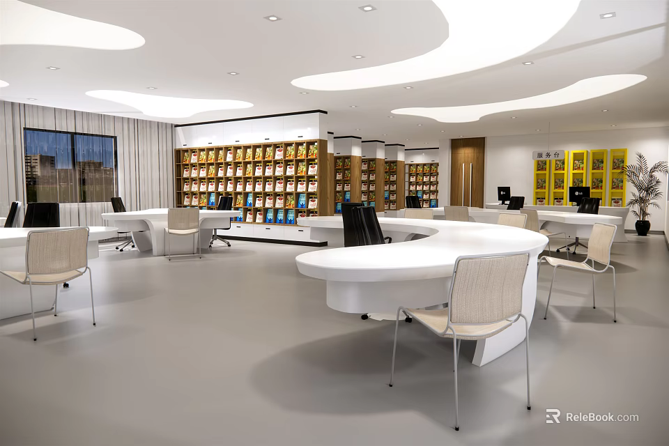 Book Art Themed Library Interior Design Featuring White Curved Counter And Bookshelves 3d model 