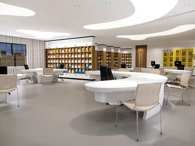 Book Art Themed Library Interior Design Featuring White Curved Counter And Bookshelves 3d model