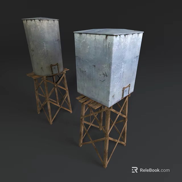 Two Weathered Metal Water Tanks Mounted On Wooden Support Stands 3d model 