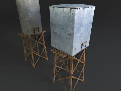 Two Weathered Metal Water Tanks Mounted On Wooden Support Stands 3d model