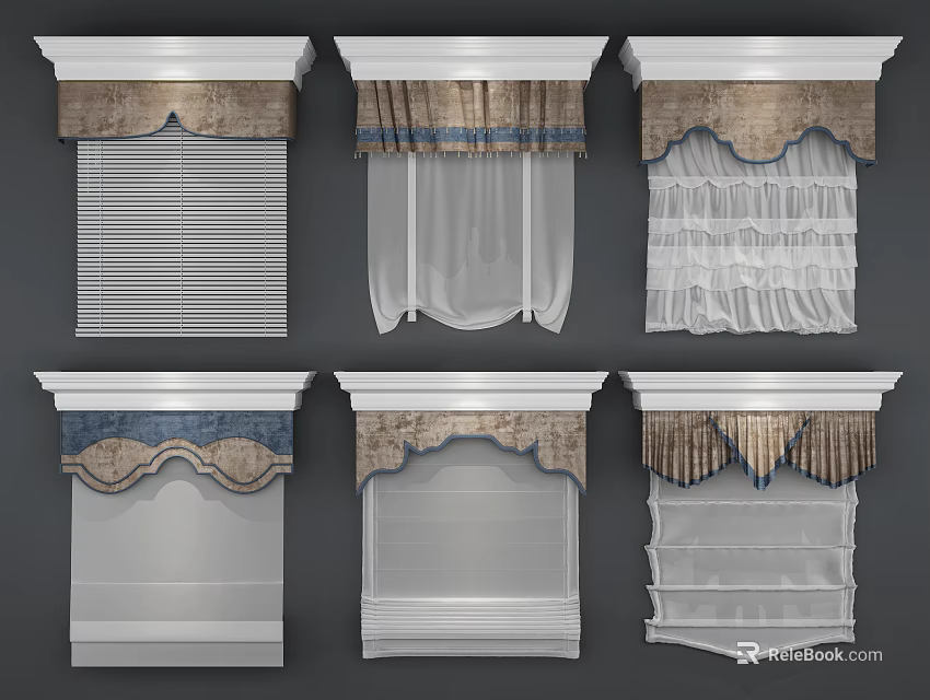 Various Curtain Designs Featuring Sheer Blinds Valance And Textured Fabric Details 3d model 