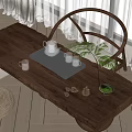 Rustic Wooden Tea Table and Round Chair with Teapot Glass Cups and Small Plant