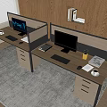Dual Office Desks With Wooden Cubicle Partitions Computer Monitors Drawer Cabinets On Gray Rug