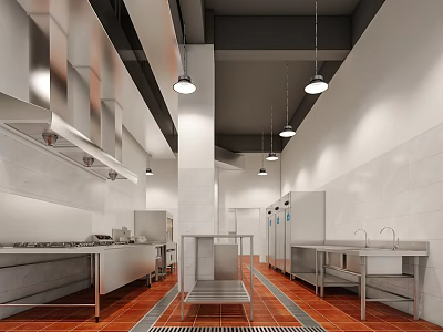 Commercial Kitchen Interior With Stainless Steel Worktables Range Hoods And Hanging Lights 3d model