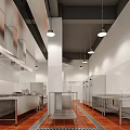 Commercial Kitchen Interior With Stainless Steel Worktables Range Hoods And Hanging Lights