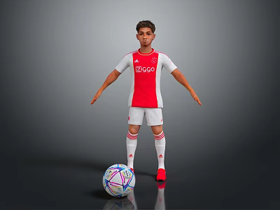 Young Soccer Player in Red and White Jersey Full Body Pose with Colorful Soccer Ball 3d model
