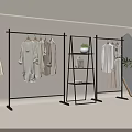 Modern Black Garment Racks With Hanging Clothes Mannequin Potted Plant And Round Mirror