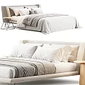 Modern Double Bed With Light Colored Headboard Wooden Nightstands And Striped Bedding Soft Pillows