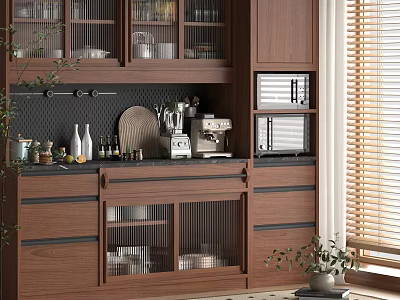 Wooden Sideboard with Glass Doors Countertop Coffee Machine Bottles and Potted Plant in Modern Kitchen 3d model