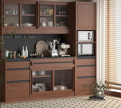 Wooden Sideboard with Glass Doors Countertop Coffee Machine Bottles and Potted Plant in Modern Kitchen 3d model