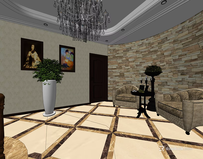 Elevator Hallway Interior With Chandelier Stone Wall Sofa Plant Paintings And Floor Tiles 3d model 