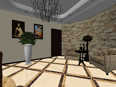 Elevator Hallway Interior With Chandelier Stone Wall Sofa Plant Paintings And Floor Tiles 3d model