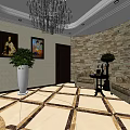 Elevator Hallway Interior With Chandelier Stone Wall Sofa Plant Paintings And Floor Tiles