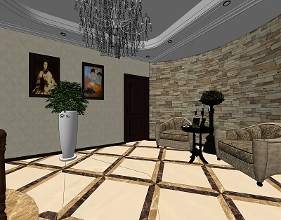 Elevator Hallway Interior With Chandelier Stone Wall Sofa Plant Paintings And Floor Tiles 3d model